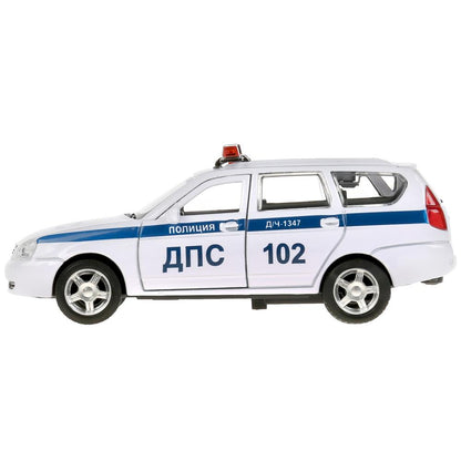 Машина металл LADA PRIORA ПОЛИЦИЯ 12 см, двери, багаж, инерц, белый, в кор. Технопарк в кор.2*36шт
