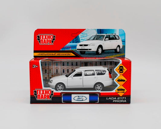 Машина металл "lada priora" длина 12 см, откр дв, багаж, инерц, белый, в кор. Технопарк в кор.2*36шт