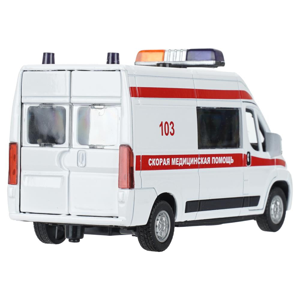 Машина металл свет-звук CITROEN JUMPER СКОРАЯ 14 см, двер, инер, белый, кор. Технопарк в кор.2*36шт