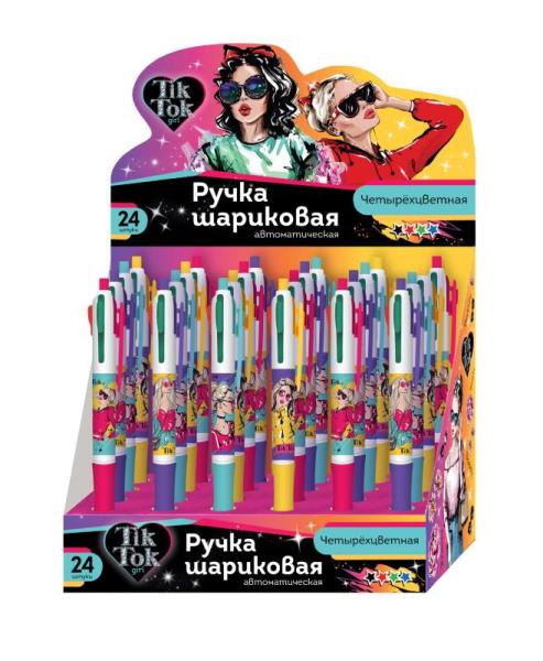Ручка шариковая, 4 цветная, шоубокс, TIK TOK GIRL уп-24шт в кор.24уп