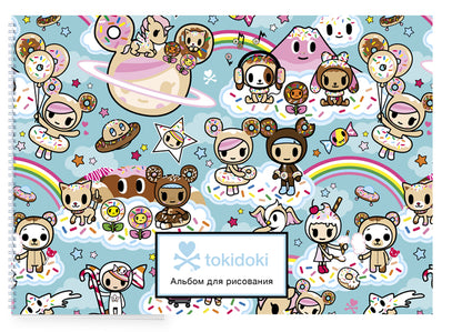 Вселенная tokidoki. Пончики. Альбом для рисования (бирюзовый) (формат А4, офсет 160 гр., 50 страниц, евроспираль, с заданиями)