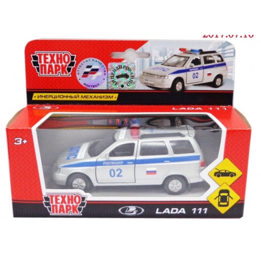 МАШИНА "ТЕХНОПАРК"МЕТАЛЛ. ИНЕРЦ. LADA 111 ПОЛИЦИЯ 12СМ, ОТКРЫВ. ДВЕРИ И БАГАЖНИК В КОР. dans le cor.2*24шт