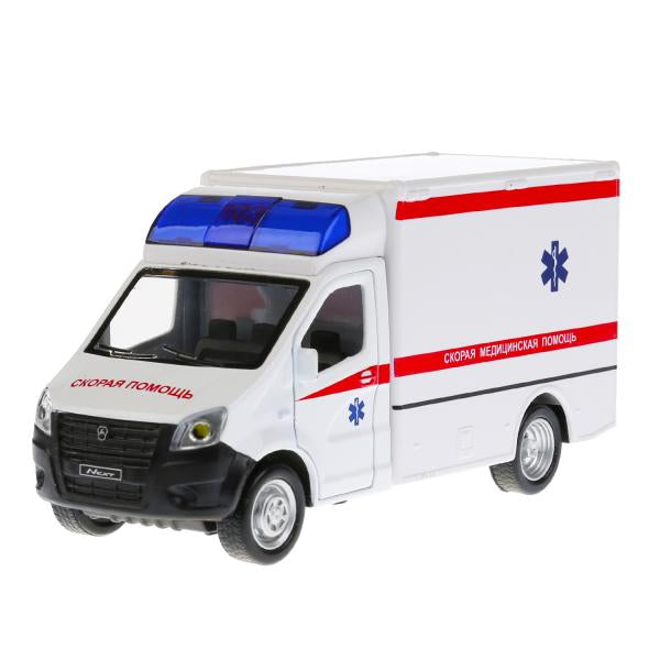 Машина металл свет-звук ГАЗЕЛЬ NEXT СКОРАЯ 15 см, двер, инерц, бел, кор. Parc technologique dans le cor.2*32шт