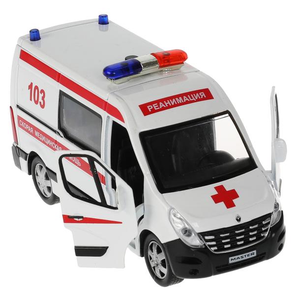Машина металл свет-звук RENAULT master СКОРАЯ 14см, двер, тел, ин., бел,кор. Parc technologique dans le cor.2*32шт