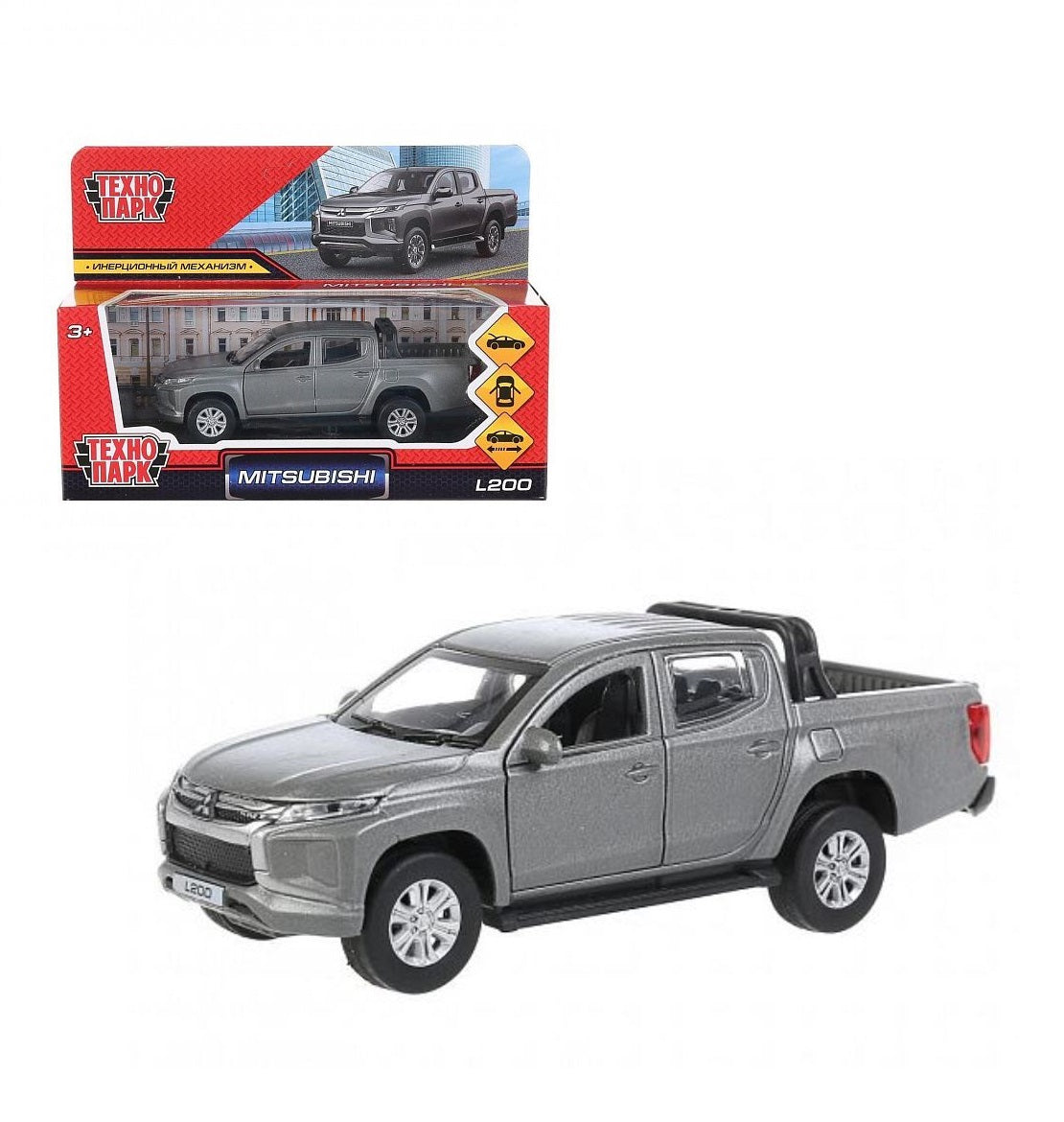 Машина металл "mitsubishi l200 pickup" дл 13 см, откр дв, багаж, инерц, оранжевый, в кор. Технопарк