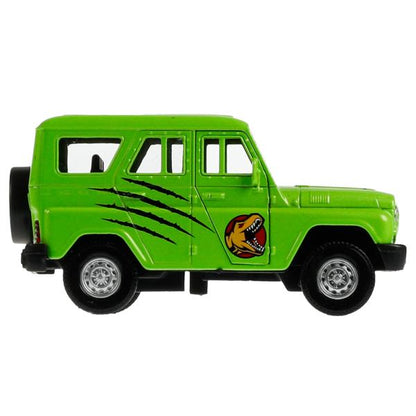 Machine en métal UAZ HUNTER ДИНОЗАВРЫ 11,5 см, двер, багаж, ин, салатовый, кор. Parc technologique dans le cor.2*36шт