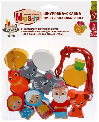 MAPACHA. 76806 Шнуровка-сказка 2в1 "Курочка Ряба+Репка" 10 дет 3-6 см, шнурок МРЦ 490 руб.