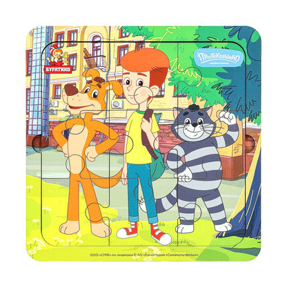 Игрушка деревянная пазл 15*15 см. СОЮЗМУЛЬТФИЛЬМ терм. paquet Буратино в кор.20шт