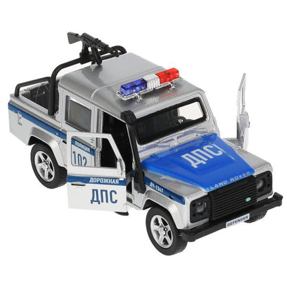 Машина металл LAND ROVER DEFENDER PICKUP ПОЛИЦИЯ 12 см, двери, багажн, кор. Технопарк в кор.2*36шт
