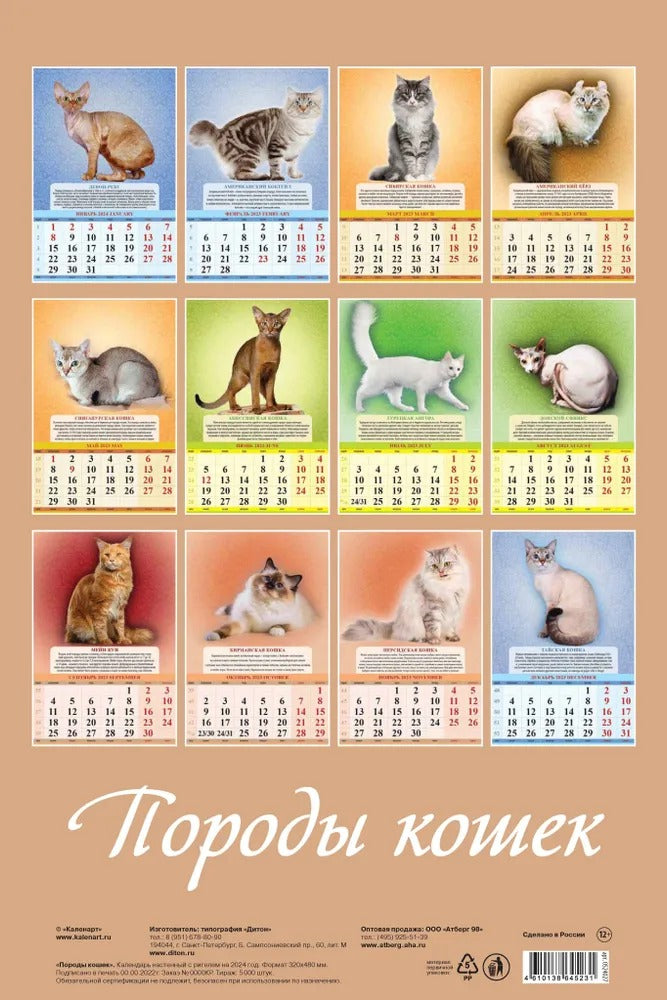 Calendrier "Породы кошек" pour 2024. Panneau avec cadre (320*480 mm) 6 listes