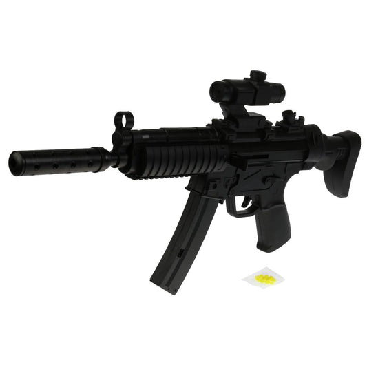 Автомат с лазер. прицелом, с глушителем, съемный магазин, на подставке в пак. в кор.2*24шт