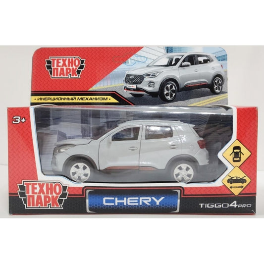 Машина металл chery tiggo 4 pro 12 см, двери, кап, баг,инер,серебристый,кор. Технопарк в кор.2*36шт