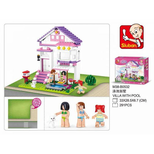 Конструктор пласт. дом с бассейном, с фигурками, 291 дет. в русс. кор. 33*28*6см в кор.16шт