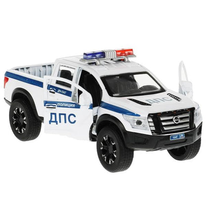 Машина металл NISSAN TITAN ПОЛИЦИЯ 12,5 см, двери, баг, инер, белый, кор. Технопарк в кор.2*36шт
