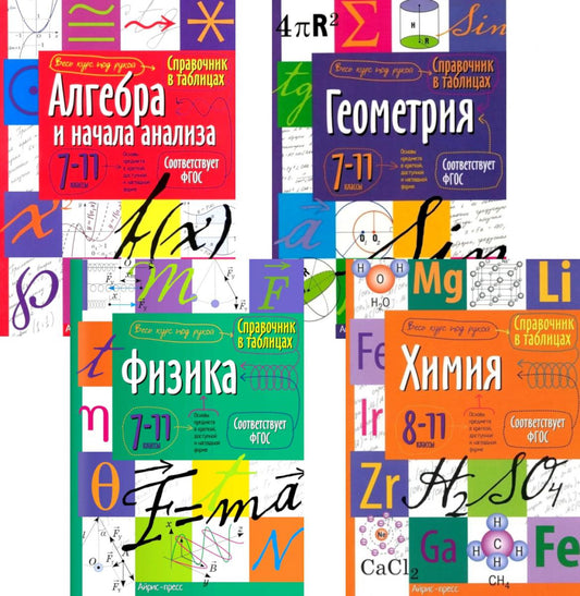 Справочник в таблицах. Алгебра и начала анализа. Геометрия. Физика. Химия. 7-11 кл. (комплект из 4-х книг)