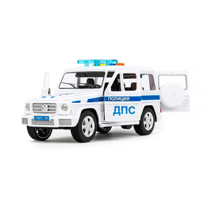 Машина пластик свет-звук MERCEDES-BENZ G-CLASS ПОЛИЦИЯ 22 см, дв, баг, кор. Технопарк в кор.2*18шт