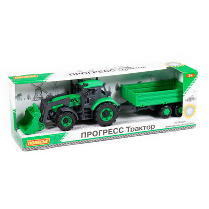 Tracteur "Прогресс" avec бортовым прицепом и ковшом, инерционный (зелёный) (в коробке)