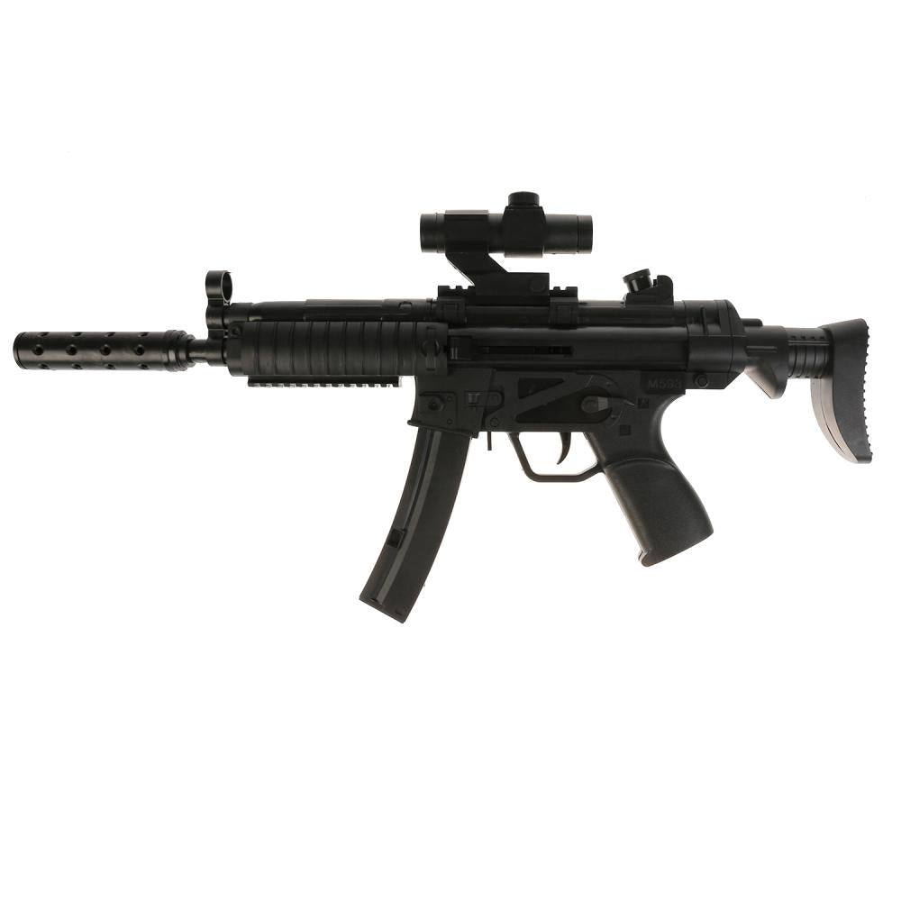 Автомат с лазер. прицелом, с глушителем, съемный магазин, на подставке в пак. в кор.2*24шт