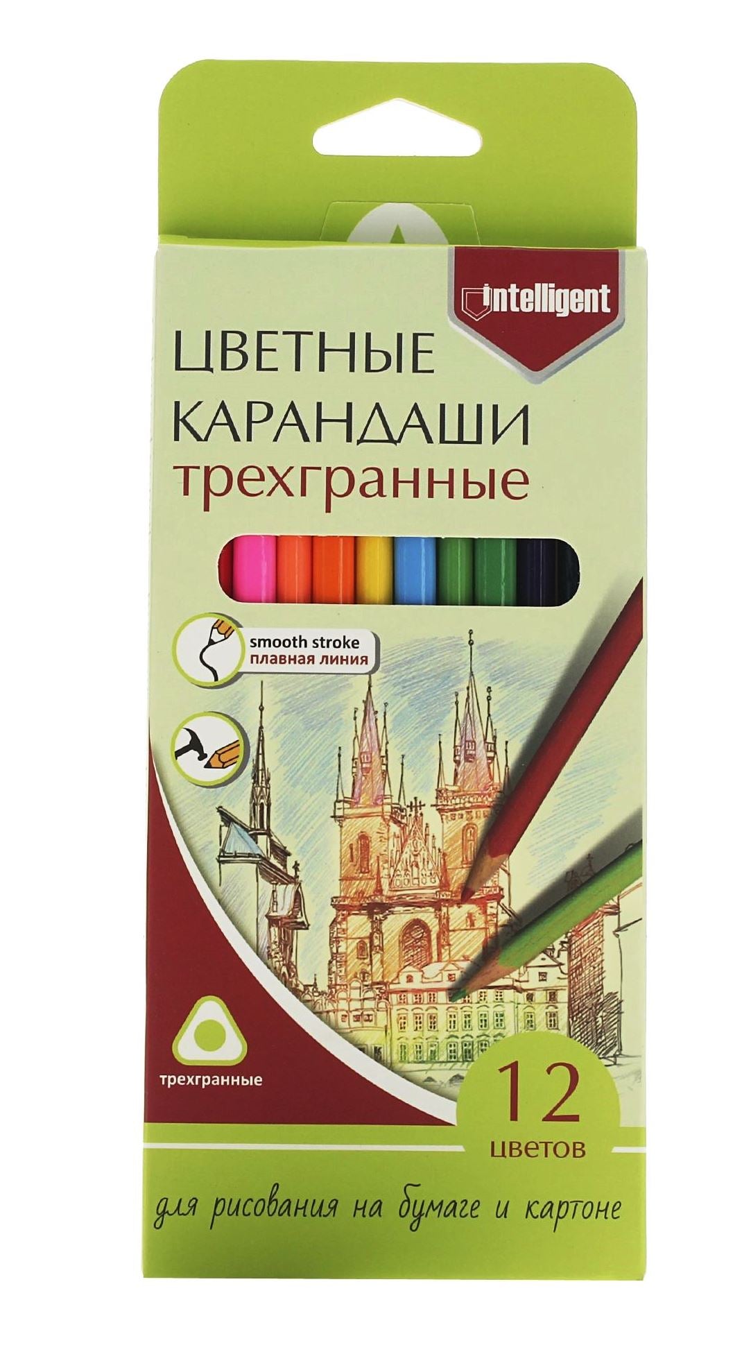 Карандаши 12 цв. INTELLIGENT BI-182 трехгранные, 2М, в к/к с европодв. (6/12/144)