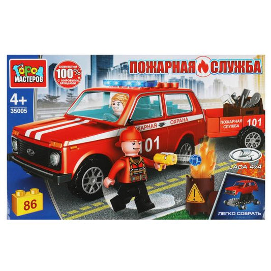 Конструктор ПОЖАРНАЯ LADA 4x4 С ПРИЦЕПОМ, 86 дет. (легко собрать) Город мастеров в кор.2*18шт