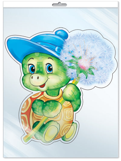 *ФМ-11338 ПЛАКАТ ВЫРУБНОЙ А4 В ПАКЕТЕ. Черепашка с одуванчиком (с блестками и уф-лаком в индивидивидуальной упаковке с европодвесом и клеевым клапаном)