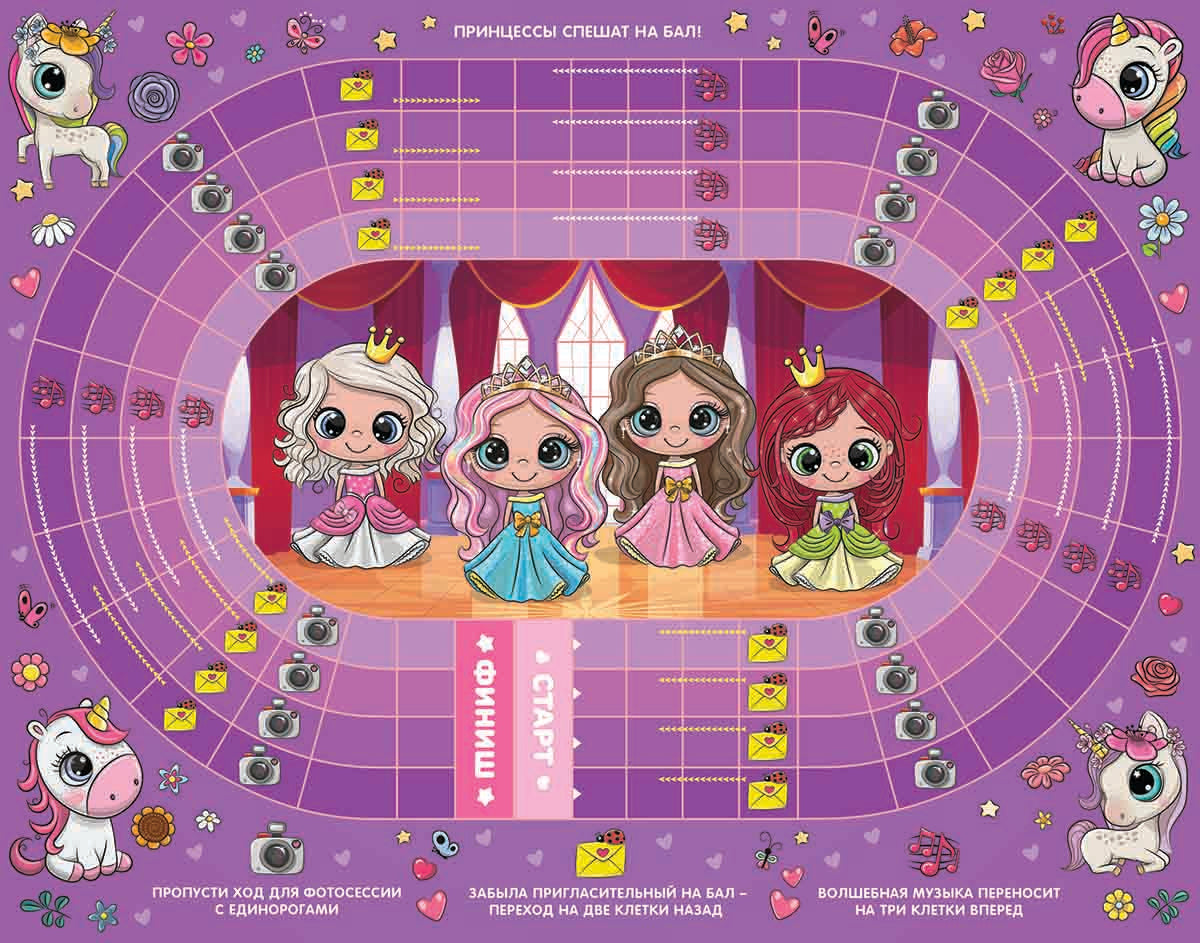 Игра настольная ходилка "Веселые ходилки 4 в 1" для девочек (ходилка-раскраска)