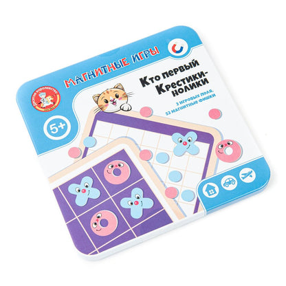 Настольная игра магнитная в жестяной коробочке Кто первый Крестики нолики