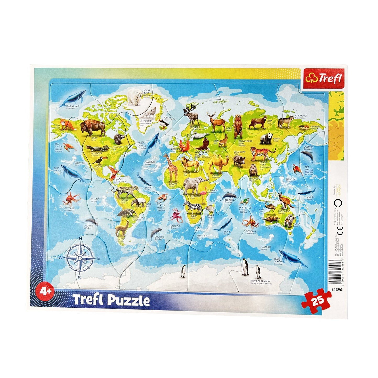 Trefl. Пазл-рамка 25 арт.31396 "Карта мира с животными RU-EN"