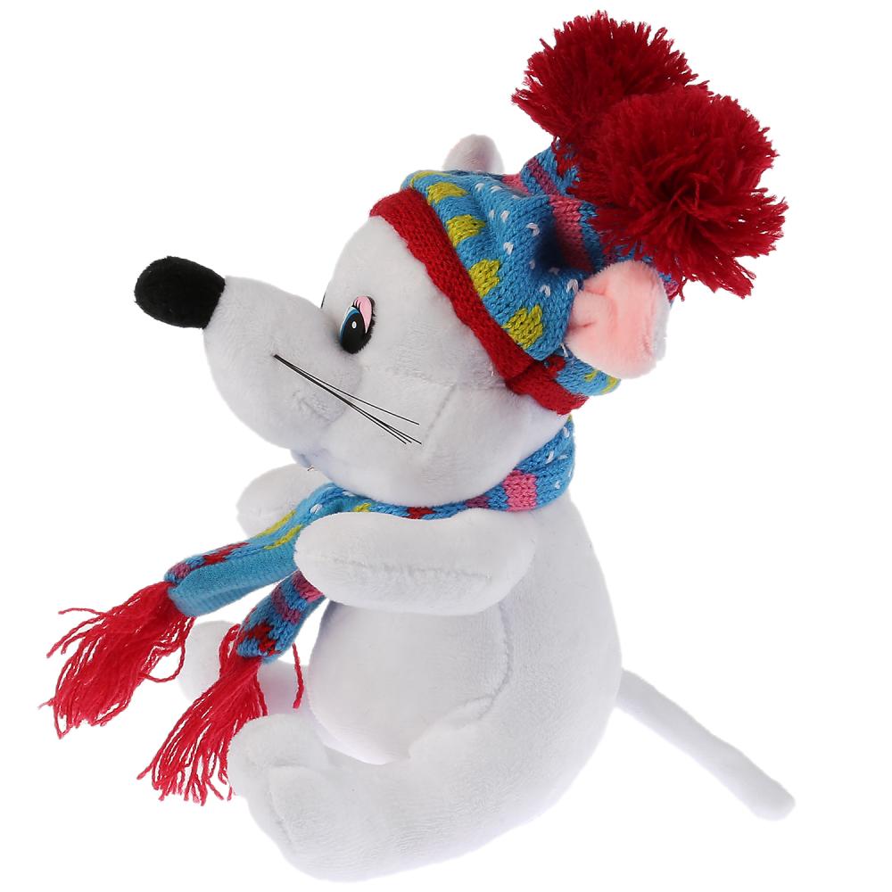 Игрушка мягкая Мышка белая в шапке с двумя помпонами 15см без чипа в пак. Мульти-пульти в кор.24шт