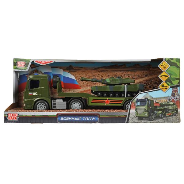 1915752-R 353954 Модель пластик свет-звук ТЯГАЧ С ТАНКОМ 38 см, подвиж. дет., инерц., кор. Технопарк