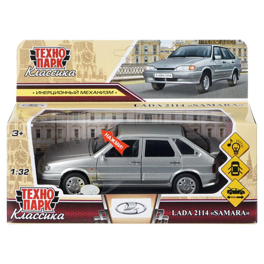 Машина металл ваз LADA 2114 15 см,св-з,откр 4 дв,баг,кап,инер,серебрист,кор. Технопарк в кор.2*36шт
