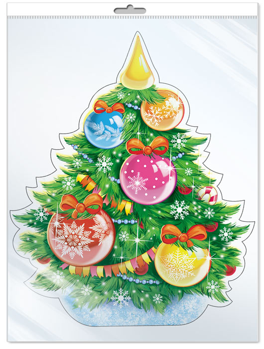 *ФМ-13940 ПЛАКАТ ВЫРУБНОЙ А4 В ПАКЕТЕ. Новогодняя Елочка (блестки в лаке, в индивидуальной упаковке, с европодвесом и клеевым клапаном)