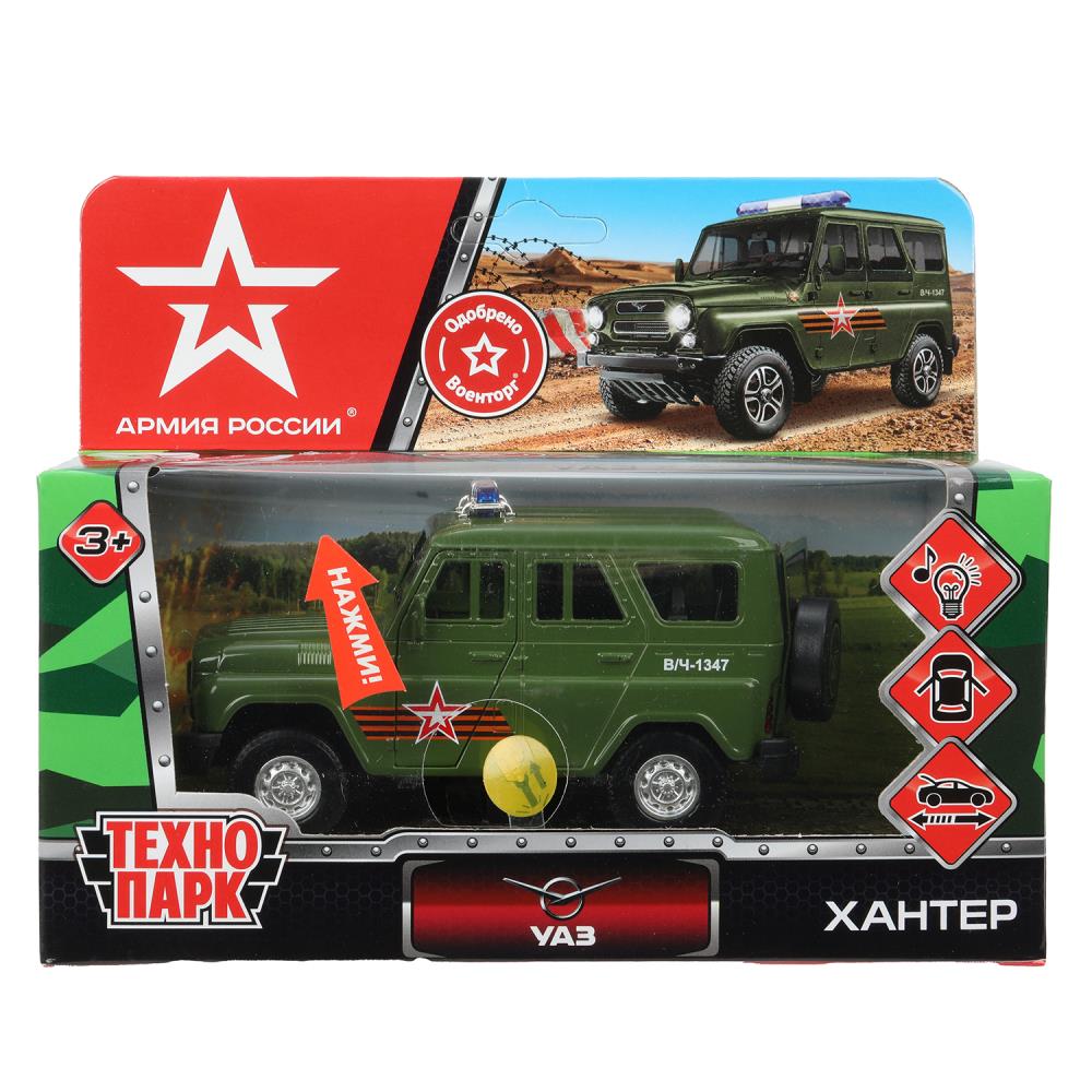 Машина металл свет-звук UAZ HUNTER АРМИЯ РОССИИ 12 см, двер, багаж, ин, кор. Технопарк в кор.2*36шт