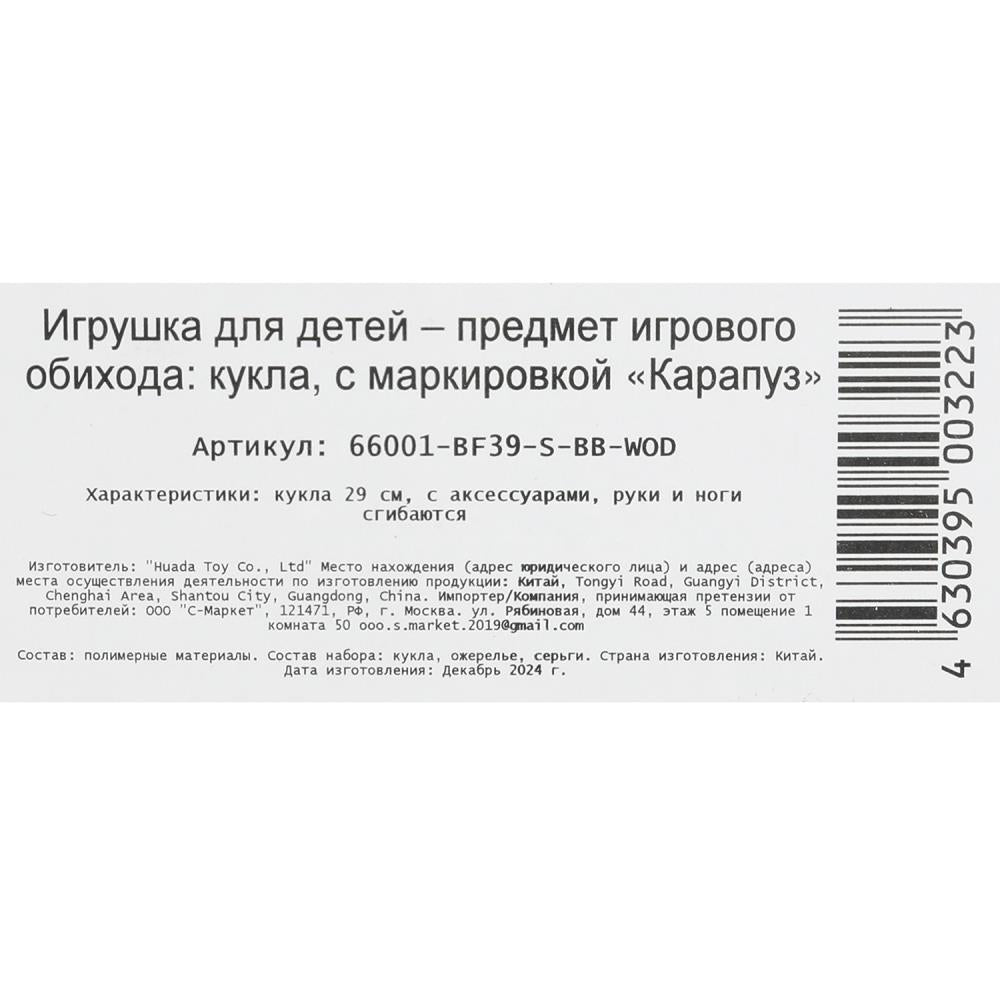 Кукла 29см София, руки и ноги сгиб., акс., кор. КАРАПУЗ в кор.24шт