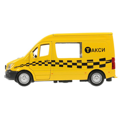Машина металл MERCEDES-BENZ SPRINTER ТАКСИ 14 см, двери, инерц, желтый, кор. Технопарк в кор.2*32шт