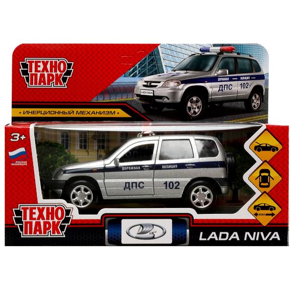 Машина металл LADA NIVA ПОЛИЦИЯ 12 см, двери, багаж, инерц, серебрист, кор. Технопарк в кор.2*36шт
