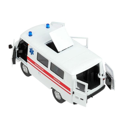 Machine en métal pour le véhicule UAZ УАЗ 452 СКОРАЯ, 18,5 см, св-зв,дв,люк,баг,ин,бел Технопарк в кор.2*18шт