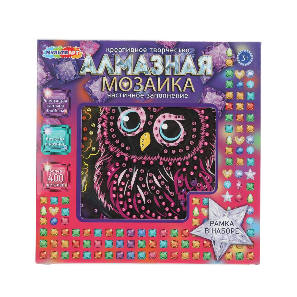 Алмазная мозаика на черном фоне 15*15, в корокбе, совёнок МУЛЬТИ АРТ в кор.48шт