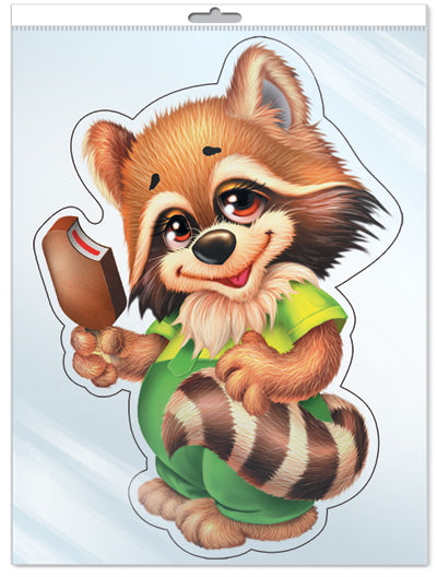 *ФМ-11423 ПЛАКАТ ВЫРУБНОЙ А4 В ПАКЕТЕ. Енотик с мороженым (с блестками в индивидивидуальной упаковке с европодвесом и клеевым клапаном)