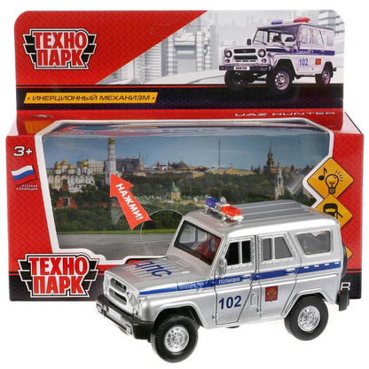 ТМ Технопарк. Machine en métal "UAZ HUNTER ПОЛИЦИЯ" 12 cm, sвет+звук, открыв. двери, инерц. dans le cor.2*36шт